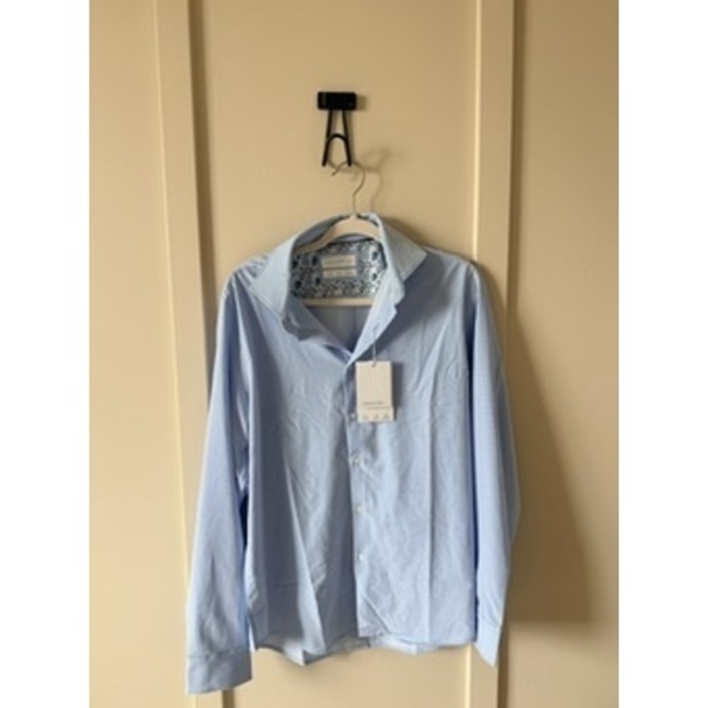 Denim & Flower Ricky Singh Mens Non Iron Button Down Shirt Blue Micro Pattern L
